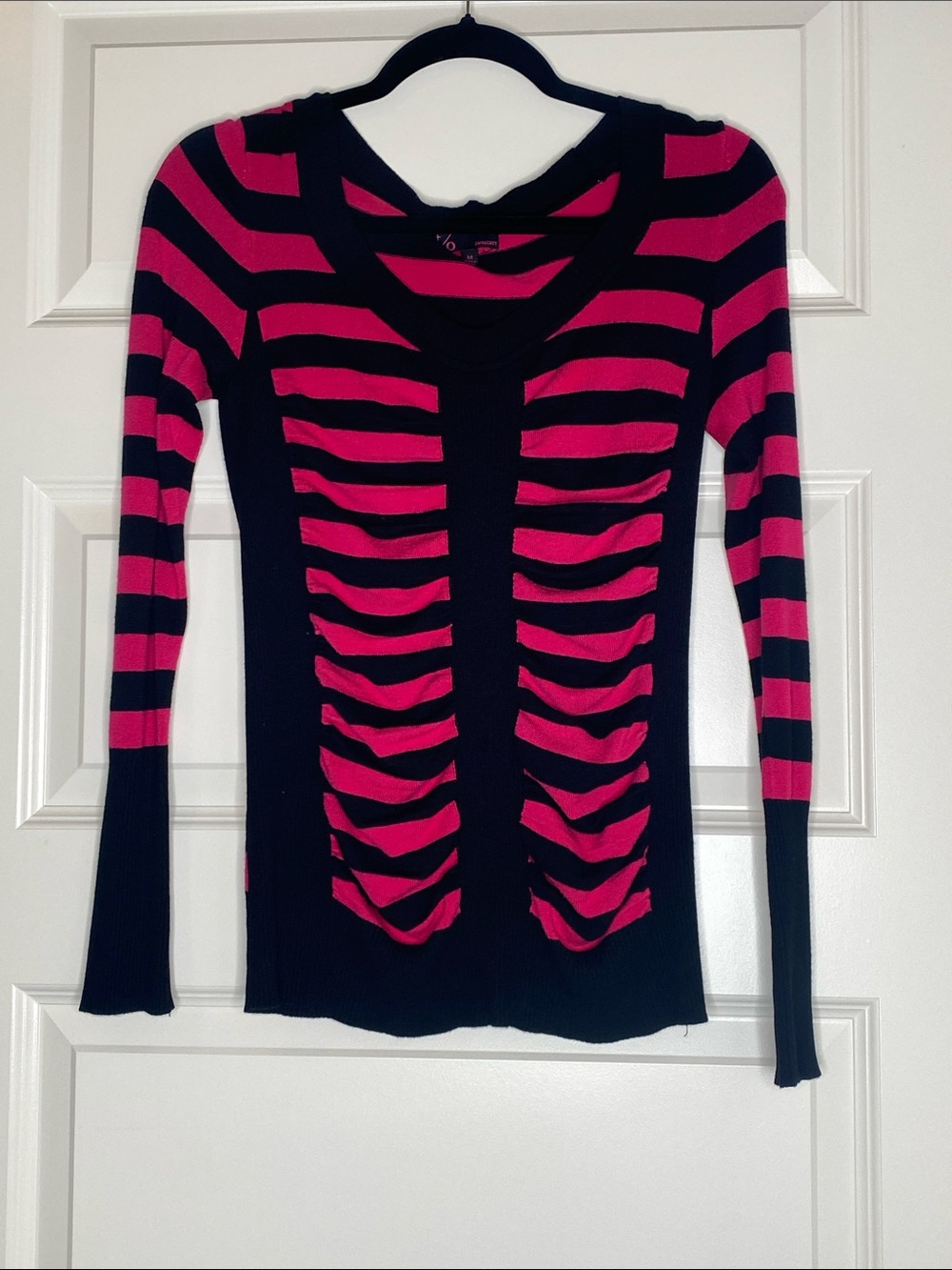 t/o Black and Hot Pink Striped Long-Sleeve Cutout Top